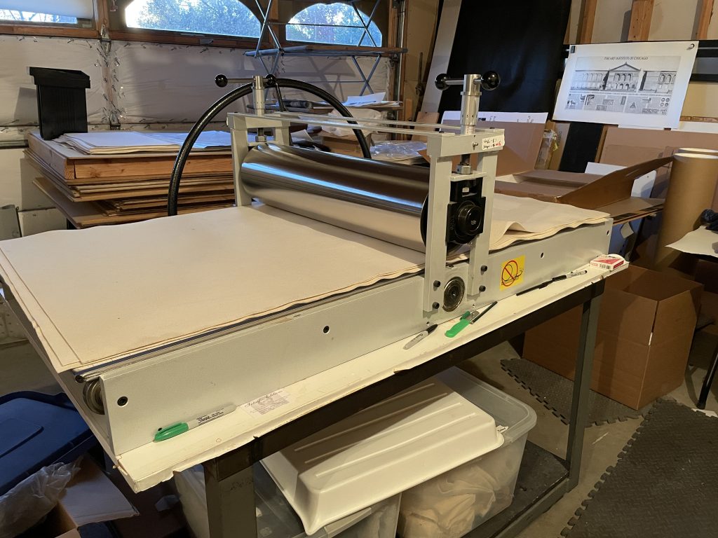 Intaglio Editions' garage print studio with Takach press.