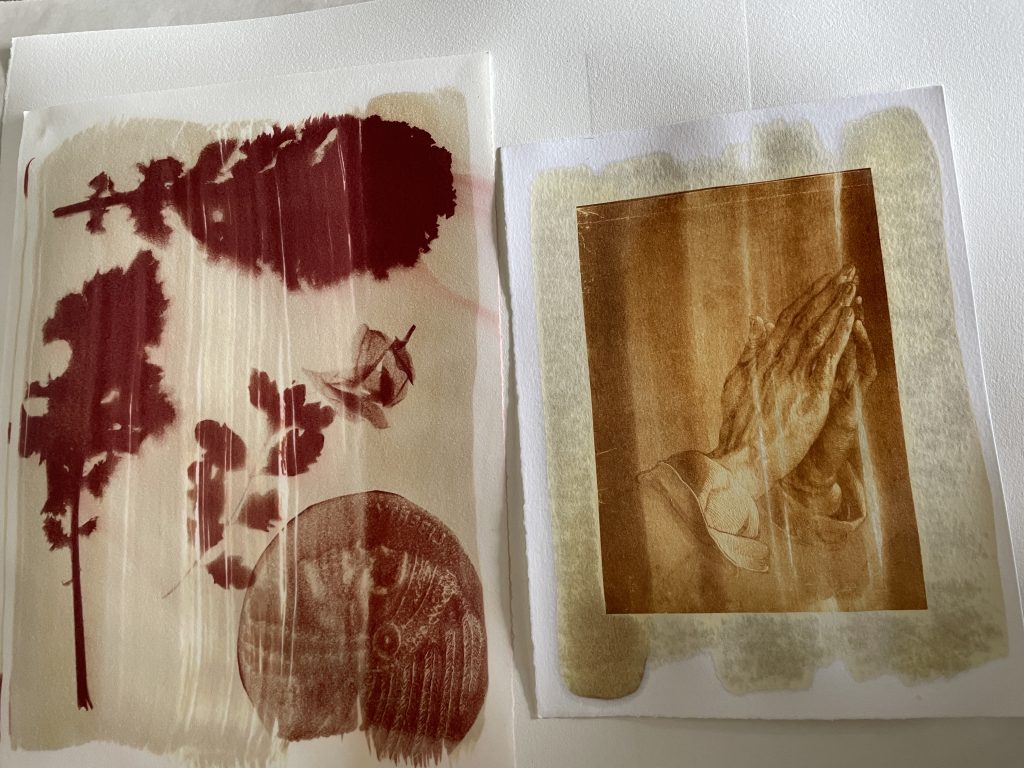 Here I tried some film positives that were calibrated for polymer photogravure plates to see how they looked. You can see the streaks in the emulsion through both of these prints. We avoided this in the future by making two passes with the brush instead of one dry one.